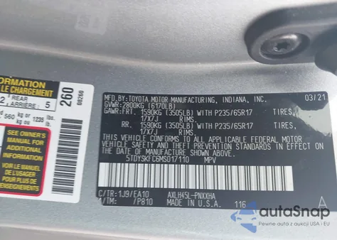 2021 Toyota Sienna Xle z USA, uszkodzony, nr VIN 5TDYSKFC6MS017110